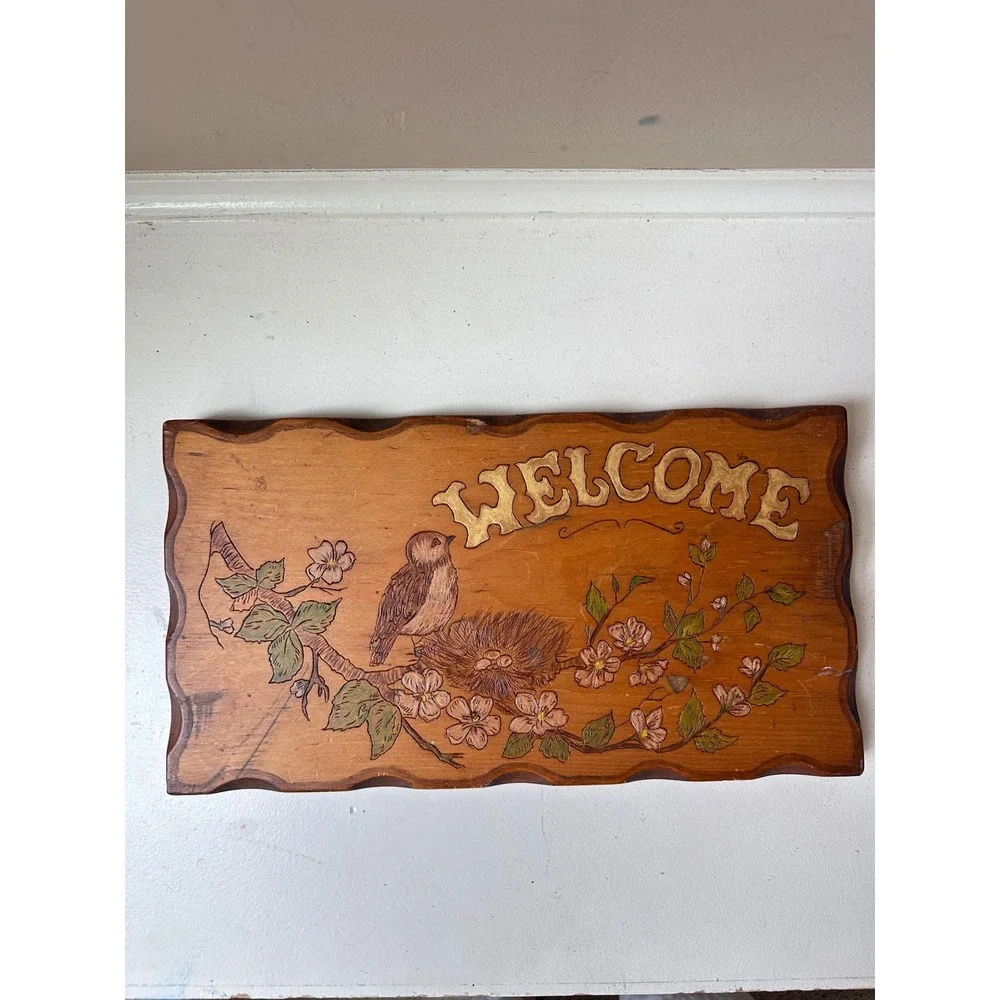 Vtg Welcome Sign Wood Bird Nest Plaque Rustic Cottagecore Wall Art